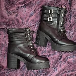 Black Lace-Up Platform Ankle Boots with Buckle Straps